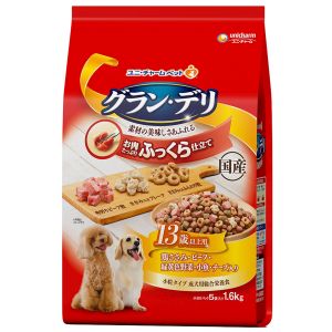 ユニチャーム Unicharm ユニチャーム グラン デリ ふっくら仕立て 13歳以上用 鶏ささみ ビーフ 緑黄色野菜 小魚 チーズ 角切りビーフ粒入り 1.6kg 270820