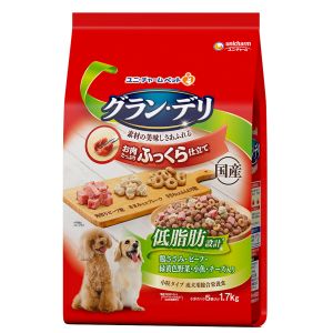 ユニチャーム Unicharm ユニチャーム グラン デリ ふっくら仕立て 低脂肪 鶏ささみ ビーフ 緑黄色野菜 小魚 チーズ 角切りビーフ粒入り 1.7kg 270840
