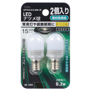 オーム電機 OHM オーム電機 LDT1N-G-E12AS91-2 LEDナツメ球 E12 昼白色 2個入 15lm 06-1931